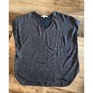 LOFT Womens Navy Blue Polka Dot Mixed Media V-Neck Blouse Top Size L